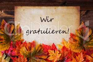 Old Paper With Text Wir Gratulieren Means Congratulations, Colorful Leaves Decoration
