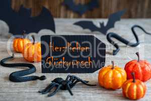 Black Label, Text Glueckwunsch Means Congratulations, Scary Halloween Decoration