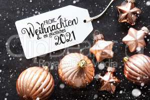 Label, Golden Decoration, Glueckliches 2021 Means Happy 2021, Snowflakes