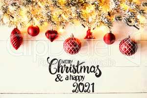 Red Christmas Decoration, Fir Branch, Merry Christmas And Happy 2021