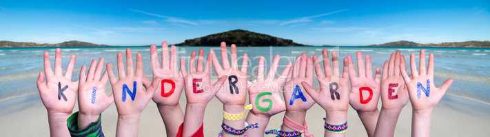 Children Hands Building Word Kindergarden, Ocean Background