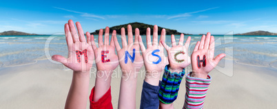 Children Hands Building Word Mensch Means Human, Ocean Background