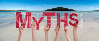 People Hands Holding Word Myths, Ocean Background