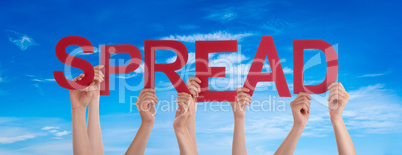 People Hands Holding Word Spread, Blue Sky