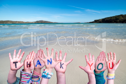 Children Hands Building Word Thank You, Ocean Background