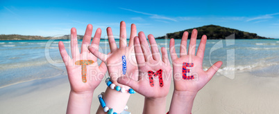 Children Hands Building Word Time, Ocean Background