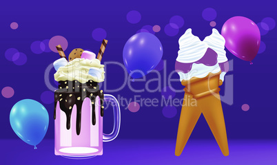 Mock up illustration of monster shake and ice cream on abstract background