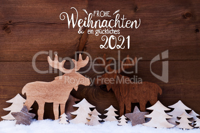 Moose, Wooden Tree, Snow, Glueckliches 2021 Means Happy 2021