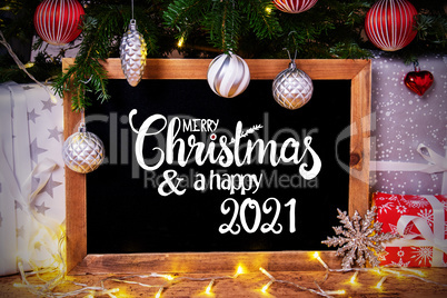 Chalkboard, Tree, Gift, Fairy Lights, Merry Christmas And Happy 2021