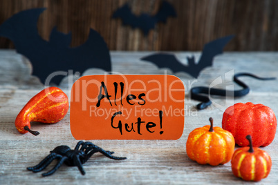 Orange Label, Text Alles Gute Means Best Wishes, Scary Halloween Decoration