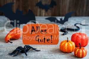 Orange Label, Text Alles Gute Means Best Wishes, Scary Halloween Decoration