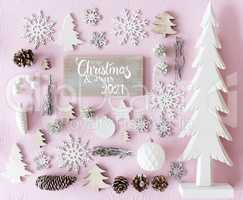 White Wooden Christmas Decoration, Tree, Merry Christmas And Happy 2021