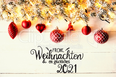 Red Christmas Decoration, Fir Branch, Glueckliches 2021 Means Happy 2021