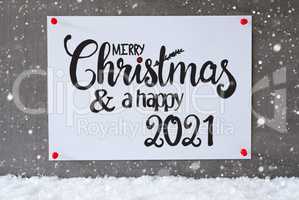 White Paper Sign, Snow, Snowflakes, Merry Christmas And Happy 2021