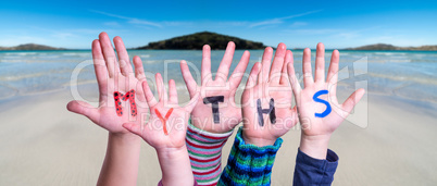 Kids Hands Holding Word Myths, Ocean Background