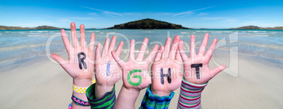 Children Hands Building Word Right, Ocean Background