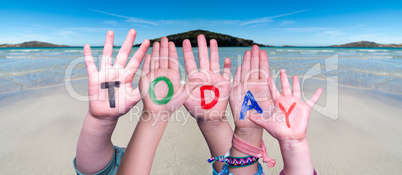 Children Hands Building Word Today, Ocean Background