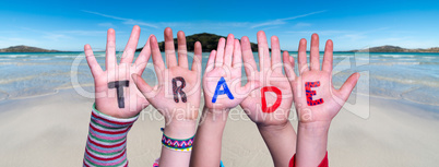 Children Hands Building Word Trade, Ocean Background