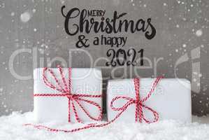 Two White Gifts, Snow, Snowflakes, Cement, Merry Christmas And A Happy 2021