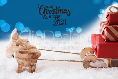Reindeer, Sled, Snow, Blue Background, Merry Christmas And A Happy 2021
