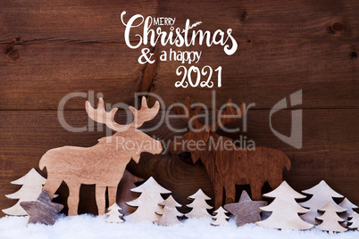 Moose, Wooden Tree, Snow, Merry Christmas And Happy 2021