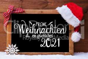 Chalkboard, Christmas Decoration, Santa Hat, Glueckliches 2021 Means Happy 2021