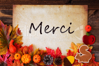 Old Paper With Merci Means Thank You, Colorful Autumn Decoration