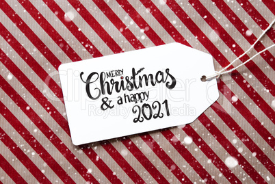 Red Wrapping Paper, Label, Merry Christmas And A Happy 2021 Snowflakes