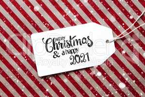 Red Wrapping Paper, Label, Merry Christmas And A Happy 2021 Snowflakes