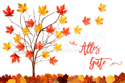 Tree With Colorful Leaf Decoration, Flying Leaves, Alles Gute Means Best Wishes