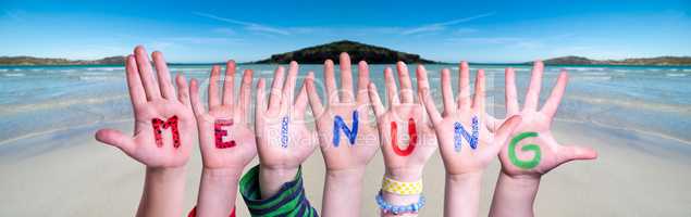 Children Hands Building Word Meinung Means Opinion, Ocean Background