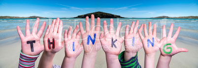 Children Hands Building Word Thinking, Ocean Background