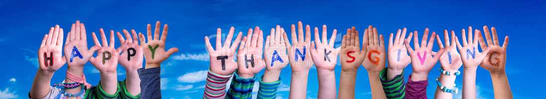 Children Hands Building Word Happy Thanksgiving, Blue Sky