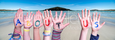 Children Hands Building Word About Us, Ocean Background