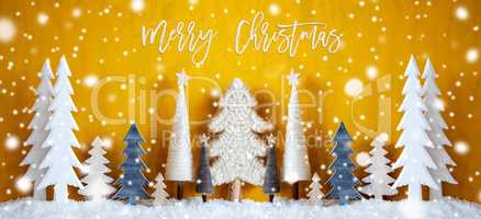 Banner, Christmas Trees, Snowflakes, Yellow Background, Merry Christmas