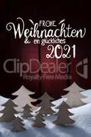 Christmas Tree, Snow, Glueckliches 2021 Means Happy 2021, Red Background