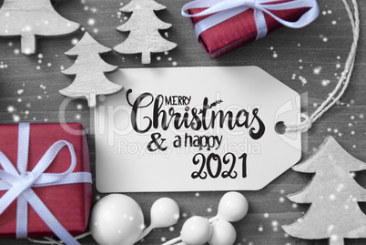 Gifts, Tree, Decoration, Label, Merry Christmas And Happy 2021, Snowflakes