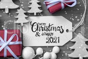 Gifts, Tree, Decoration, Label, Merry Christmas And Happy 2021, Snowflakes