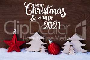 Christmas Tree, Snow, Red Ball, Merry Christmas And Happy 2021