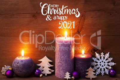 Purple Candle, Christmas Decoration, Merry Christmas And Happy 2021