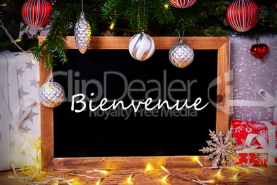 Chalkboard, Tree, Gift, Fairy Lights, Bienvenue Means Welcome