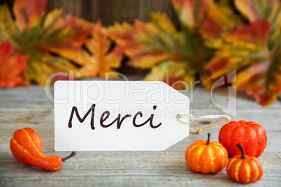 Label, Merci Means Thank You, Pumpkin And Leaves