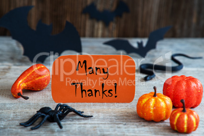Orange Label, Text Many Thanks, Scary Halloween Decoration