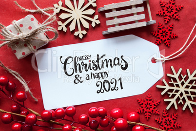 Bright Red Christmas Decoration, Label, Merry Christmas And A Happy 2021