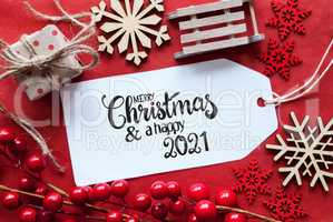 Bright Red Christmas Decoration, Label, Merry Christmas And A Happy 2021