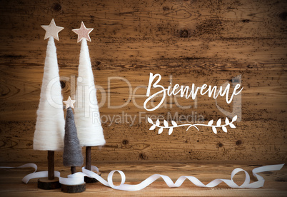 White Christmas Tree, Wooden Background, Bienvenue Means Welcome