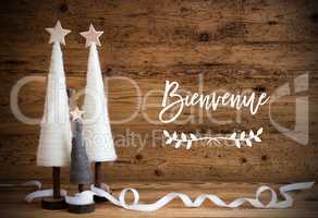 White Christmas Tree, Wooden Background, Bienvenue Means Welcome