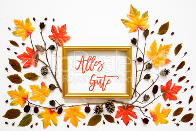 Colorful Autumn Leaf Decoration, Golden Frame, Text Alles Gute Means Best Wishes