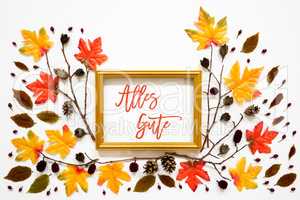 Colorful Autumn Leaf Decoration, Golden Frame, Text Alles Gute Means Best Wishes