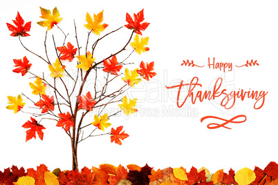 Tree With Colorful Leaf Decoration, English Calligraphy Happy Thanksgiving